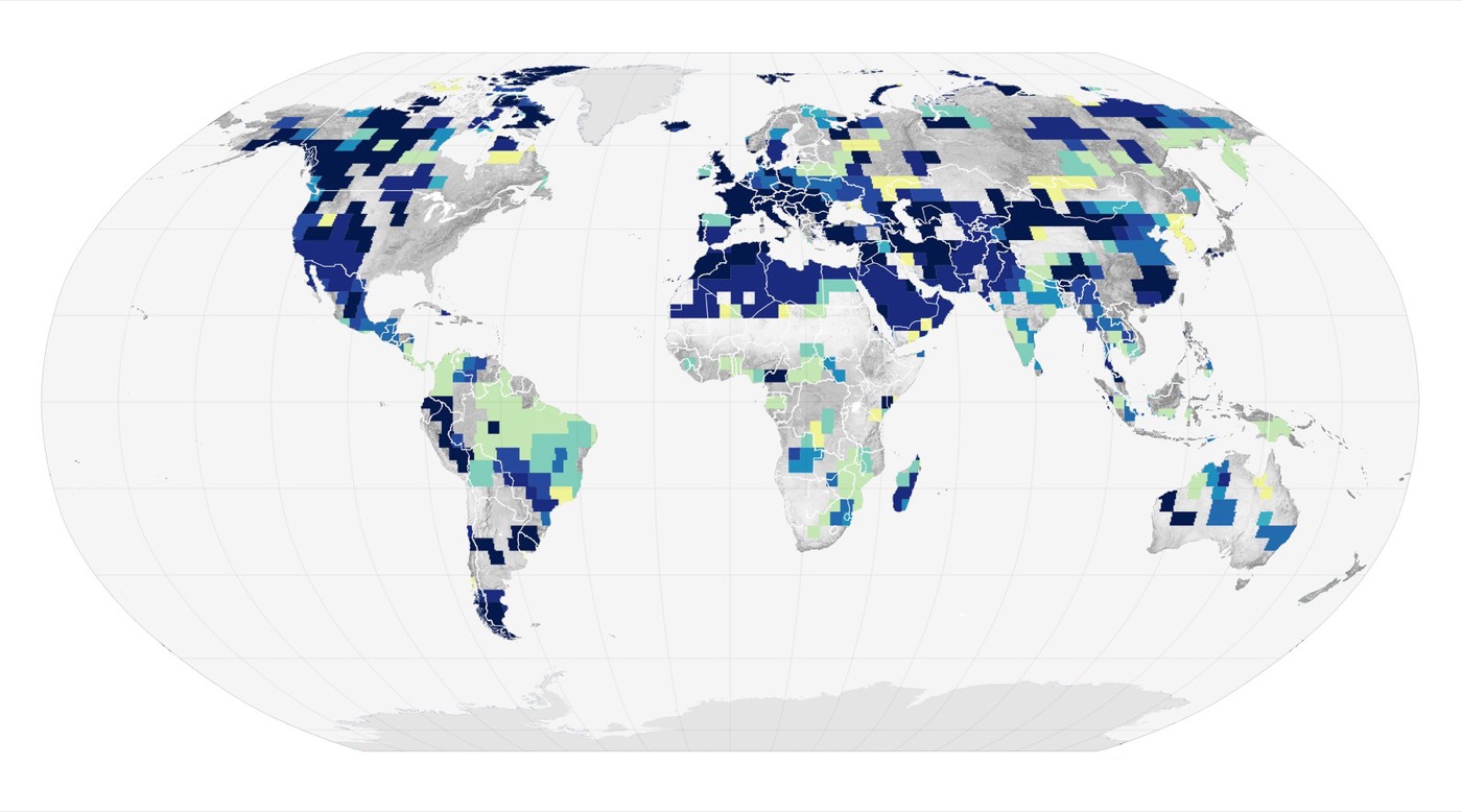 Groundwater trends measured from orbit by the GRACE satellites. The regions losing water are the ones that irrigate.