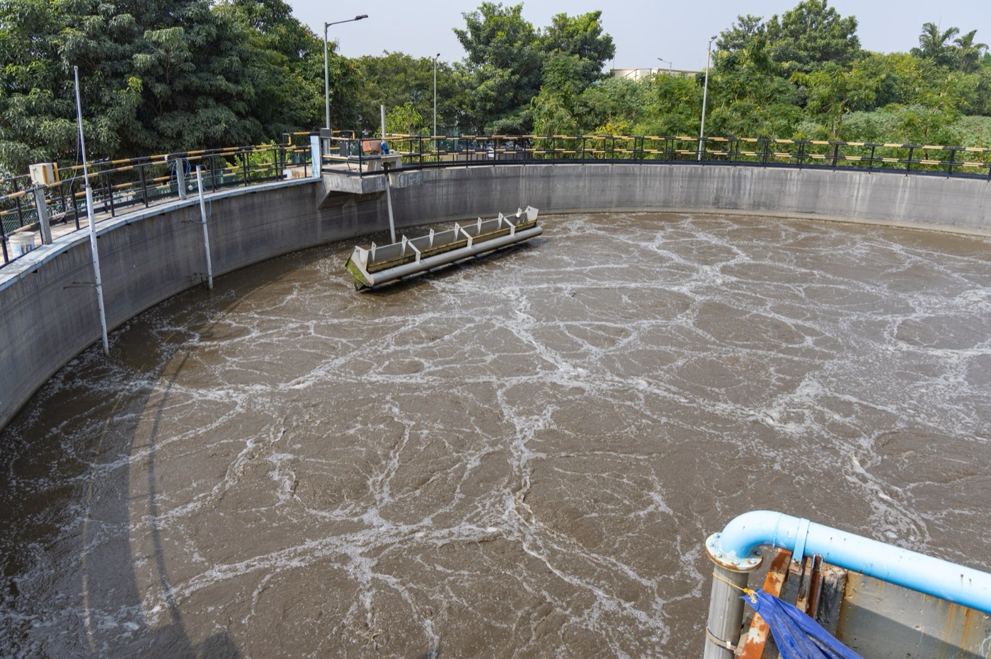 An aeration basin at a sewage works. The bacteria in it do, at scale, what the bacteria in the bottle did in miniature.