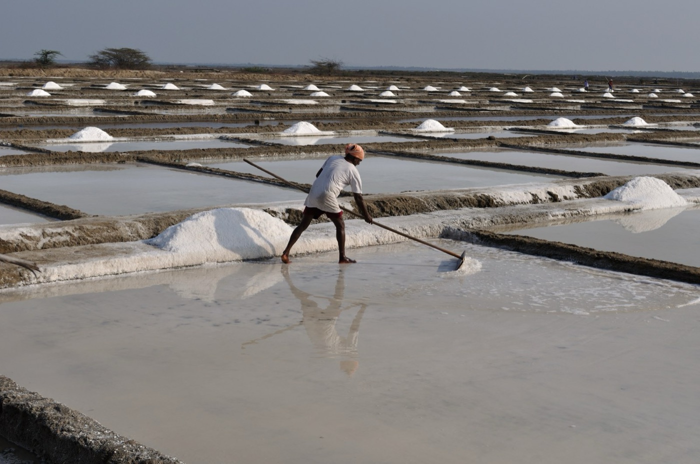Raking salt in a pan. Sun and wind do the concentrating here; a plant does it with heat and pressure.