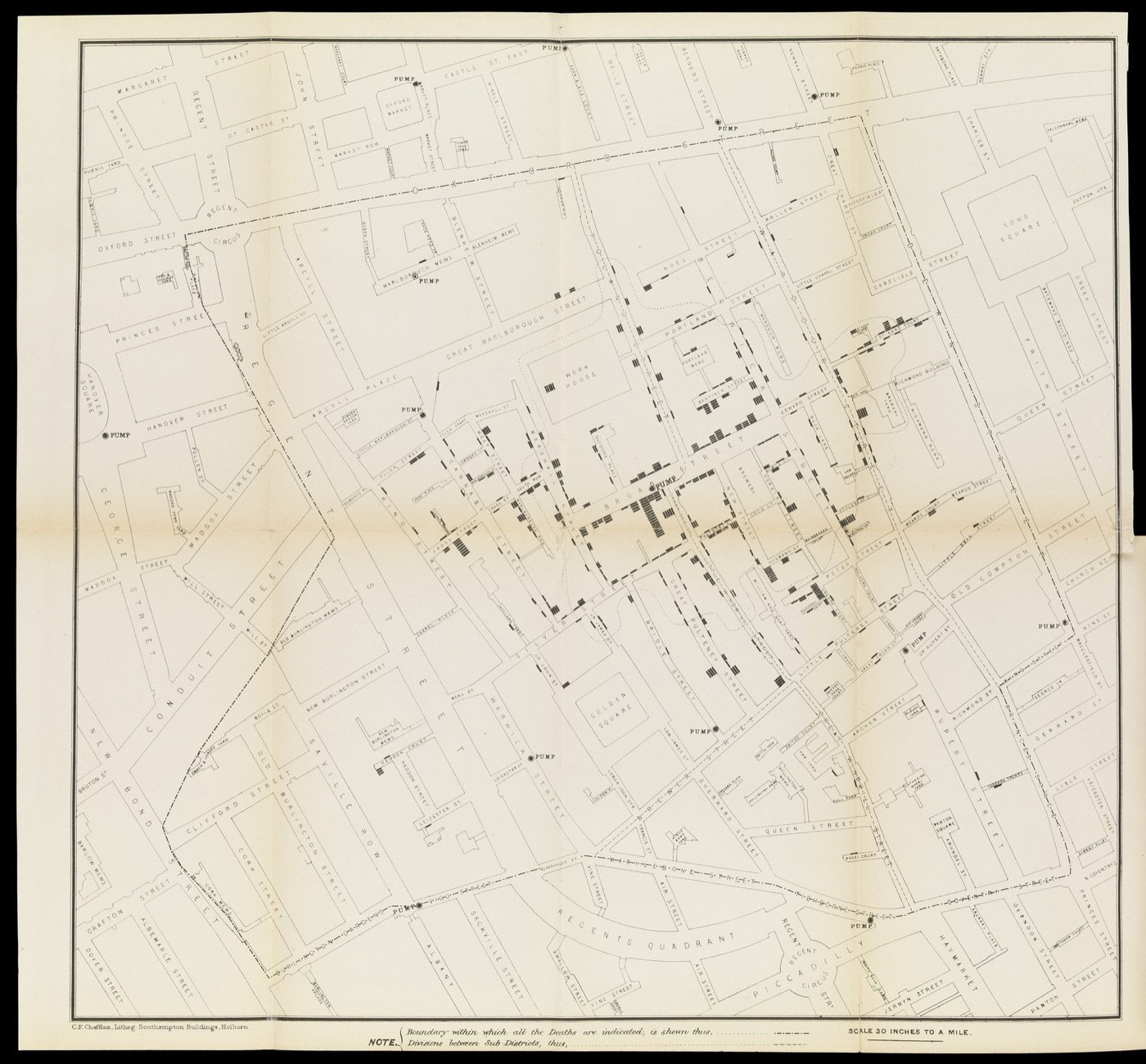 John Snow's map of the 1854 outbreak. Each bar is a death, and the deaths cluster round the pump.