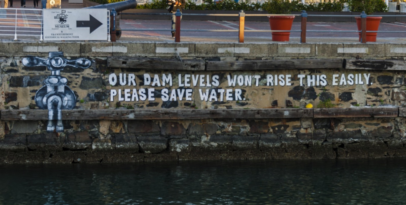 A mural on a Cape Town harbour wall during the drought. The city talked about its dam levels every day.