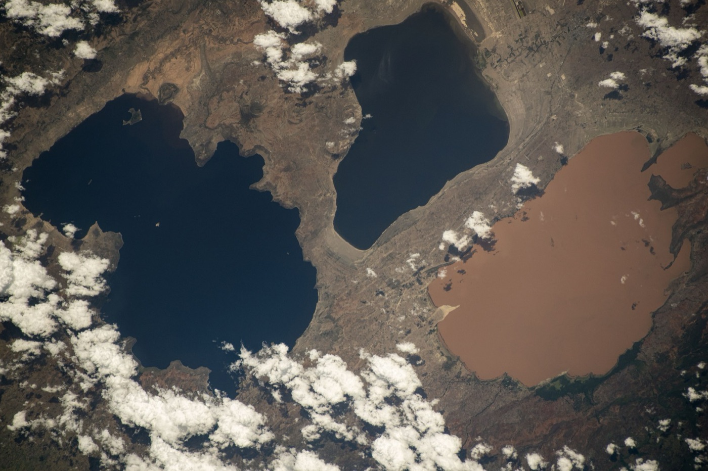 Lakes of the Ethiopian Rift from orbit. The valley's volcanic rock gives its groundwater some of the highest fluoride on Earth.