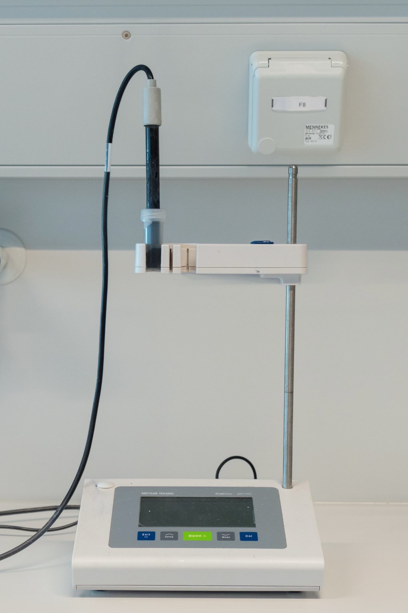 A benchtop pH meter. The probe reads the acidity in seconds, once it is calibrated.