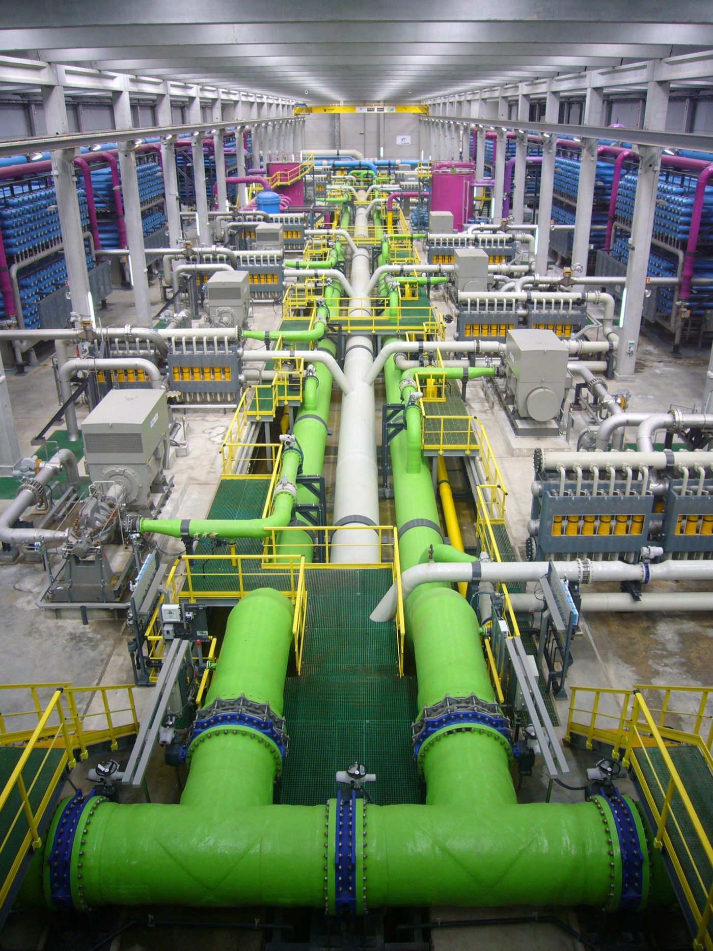Reverse osmosis racks at a desalination plant. Each vessel holds a chain of spiral wound elements.