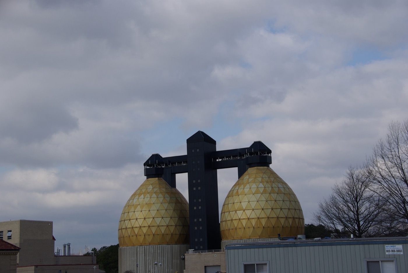 Egg shaped digesters at a sewage works. Sludge is held inside at body temperature for about three weeks.