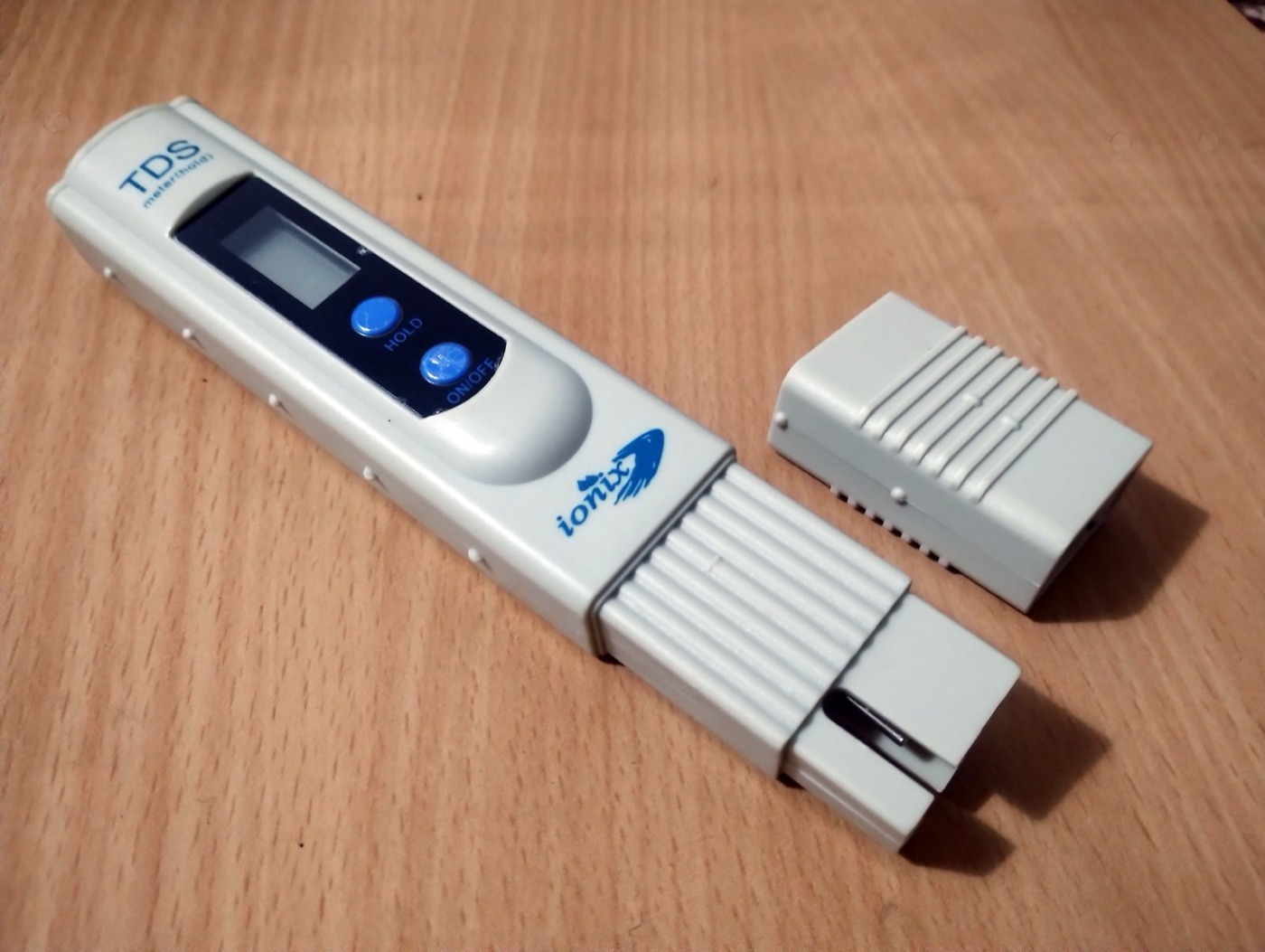A TDS meter: a conductivity probe with a conversion factor built in, and a reading in a second.