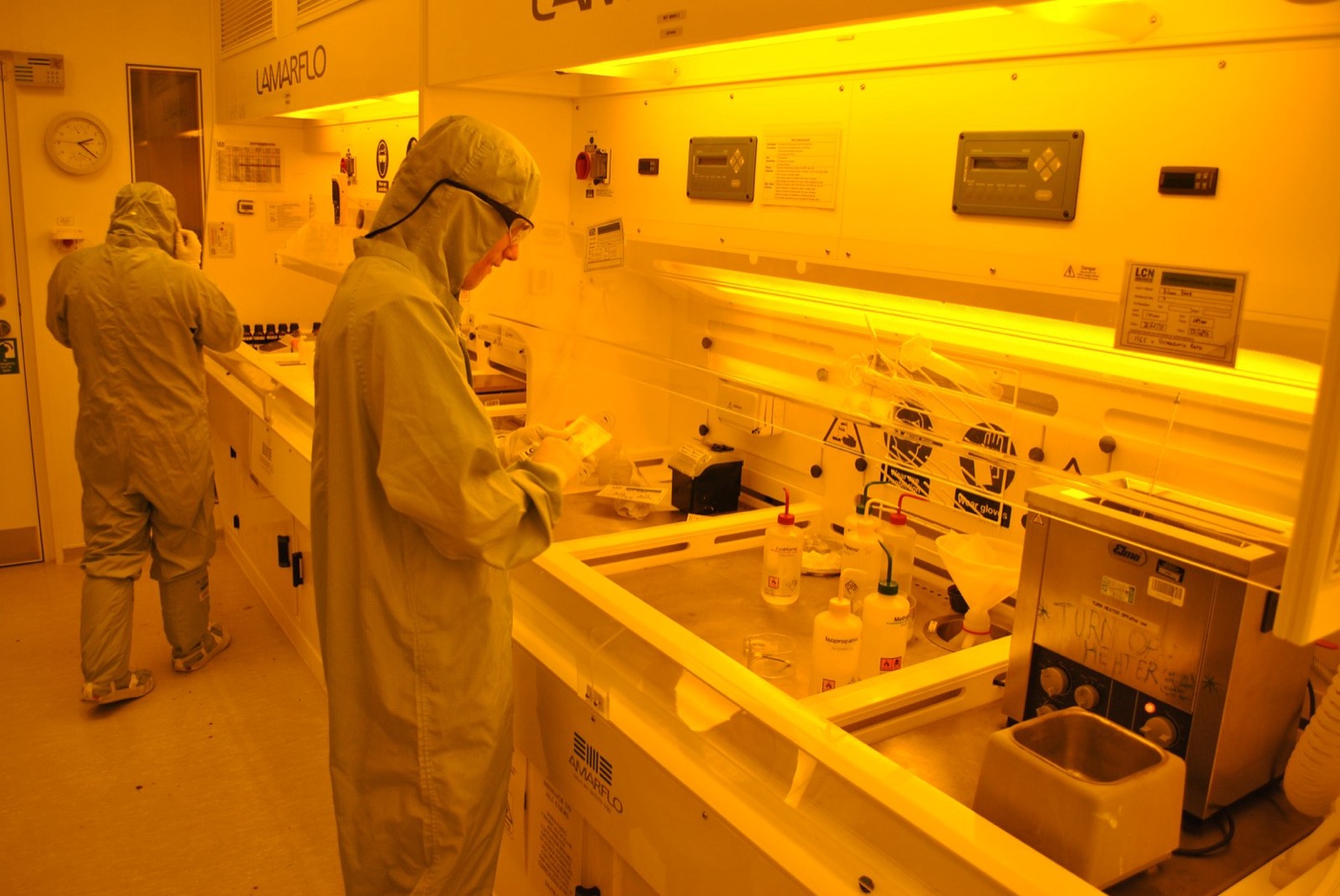Inside a semiconductor cleanroom. The water that rinses the wafers has to leave nothing behind.