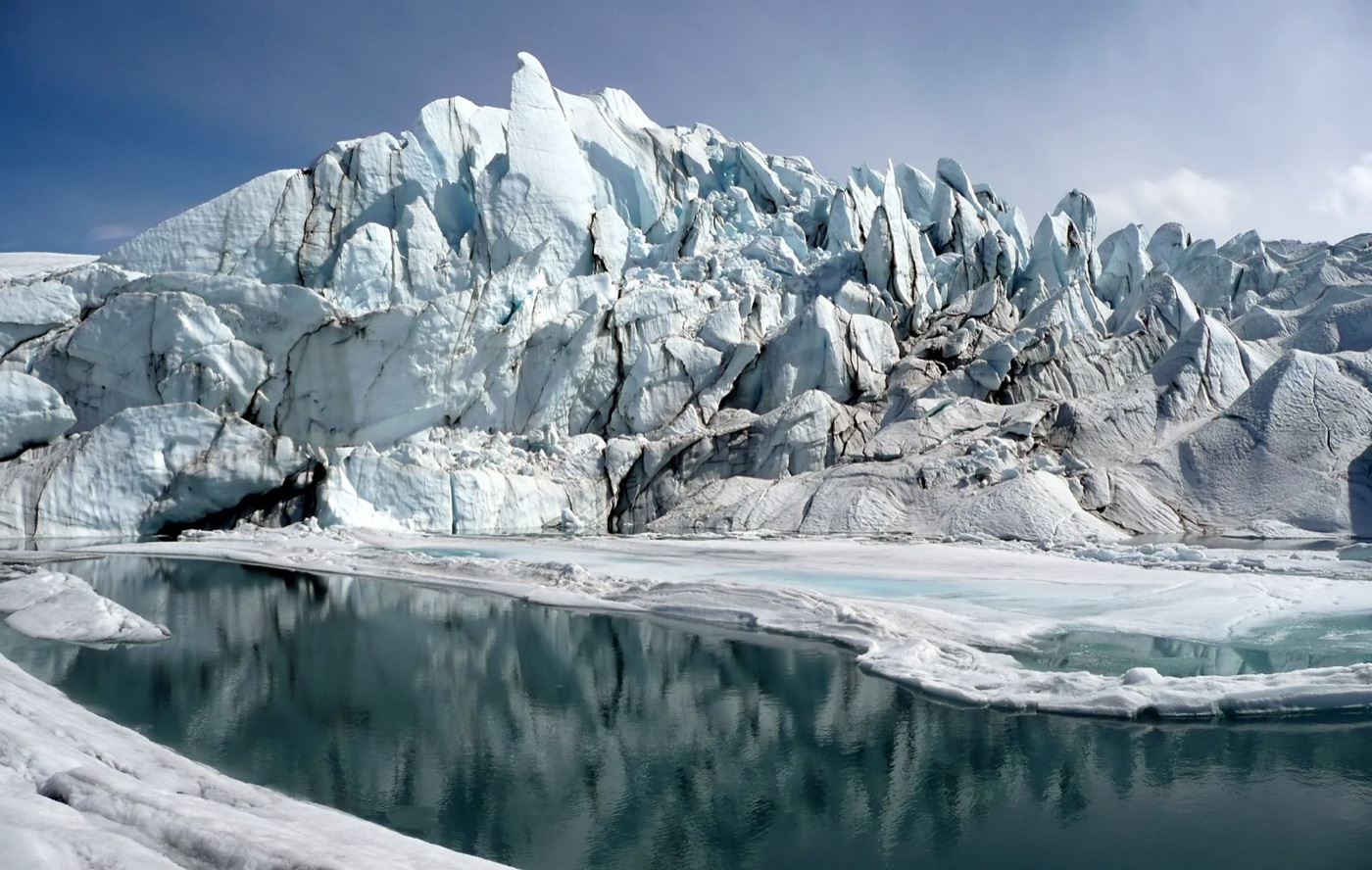 A glacier ending in a lake. Most of the world's fresh water is ice, and out of reach.