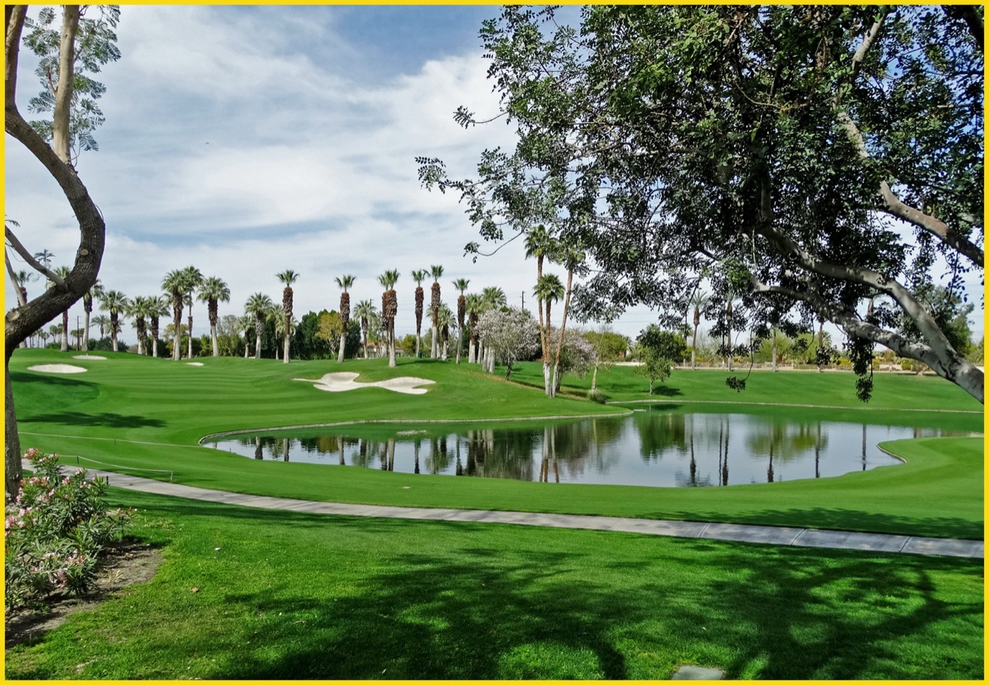 A course in Palm Springs. Fairways, lakes and palms in a valley that gets a hundred millimetres of rain a year.