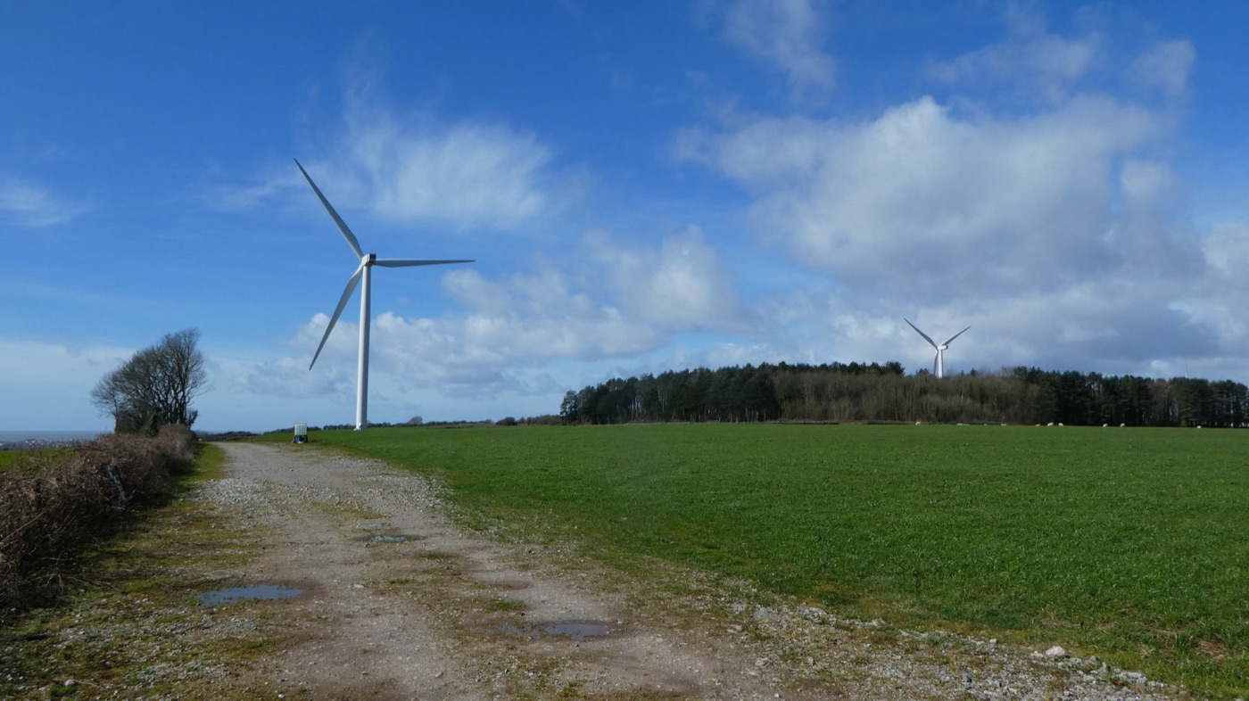 Wind turbines in a field. No boiler, no condenser, and almost no water.