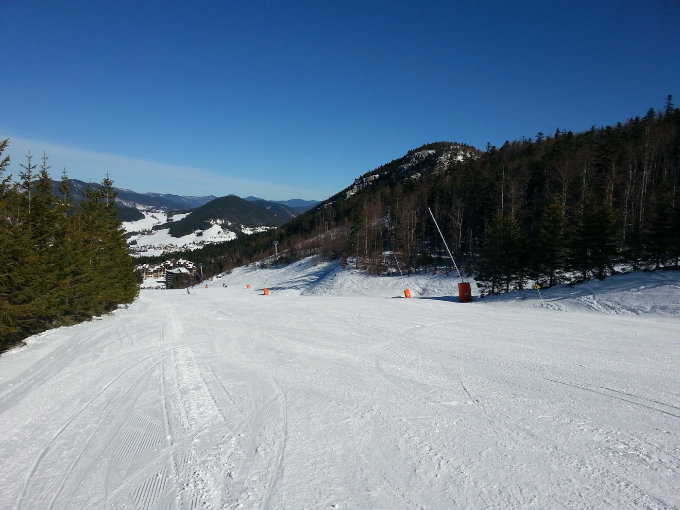 A piste in the French Alps. The base under the skis was made from water pumped up the mountain on cold nights.