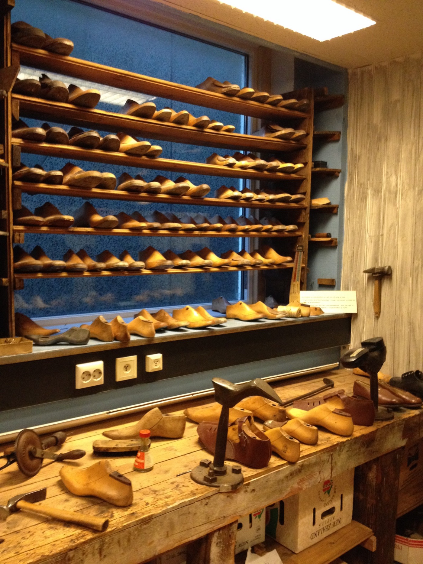 Lasts on the shelf in a shoemaker's workshop. The leather arrives here with its water already spent.