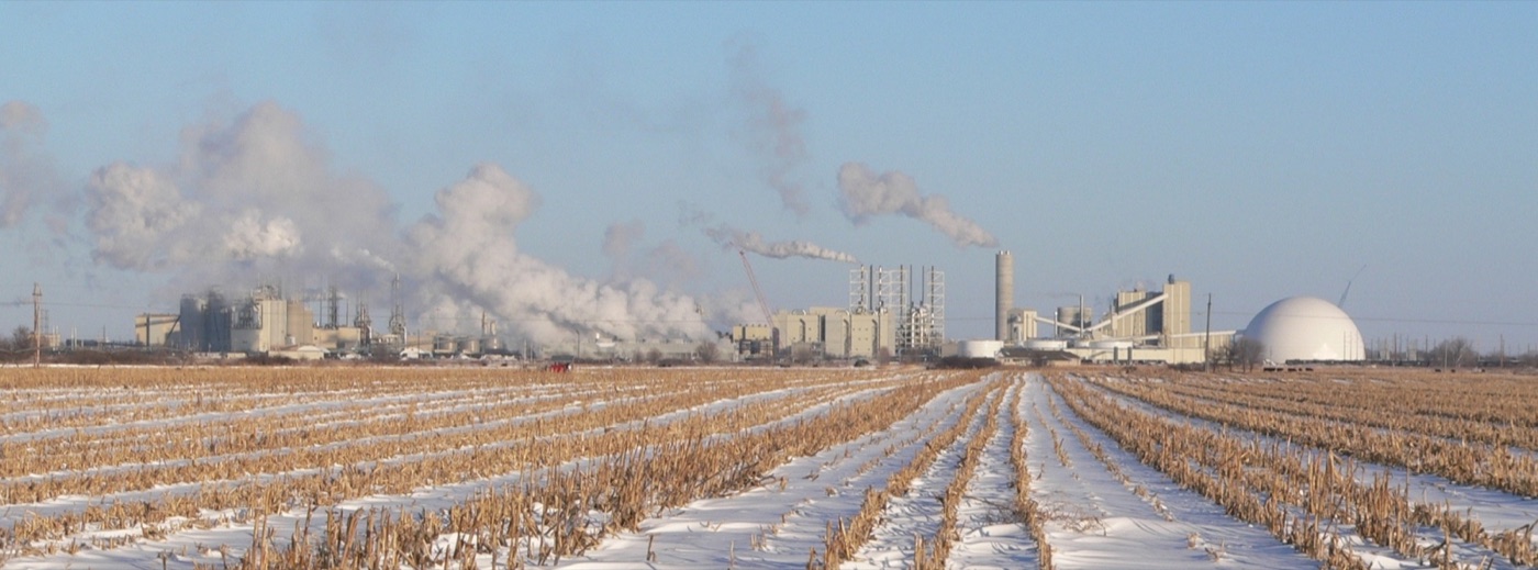 An ethanol plant in Nebraska. Three litres of water a litre at the plant, and a few thousand in the field behind it.