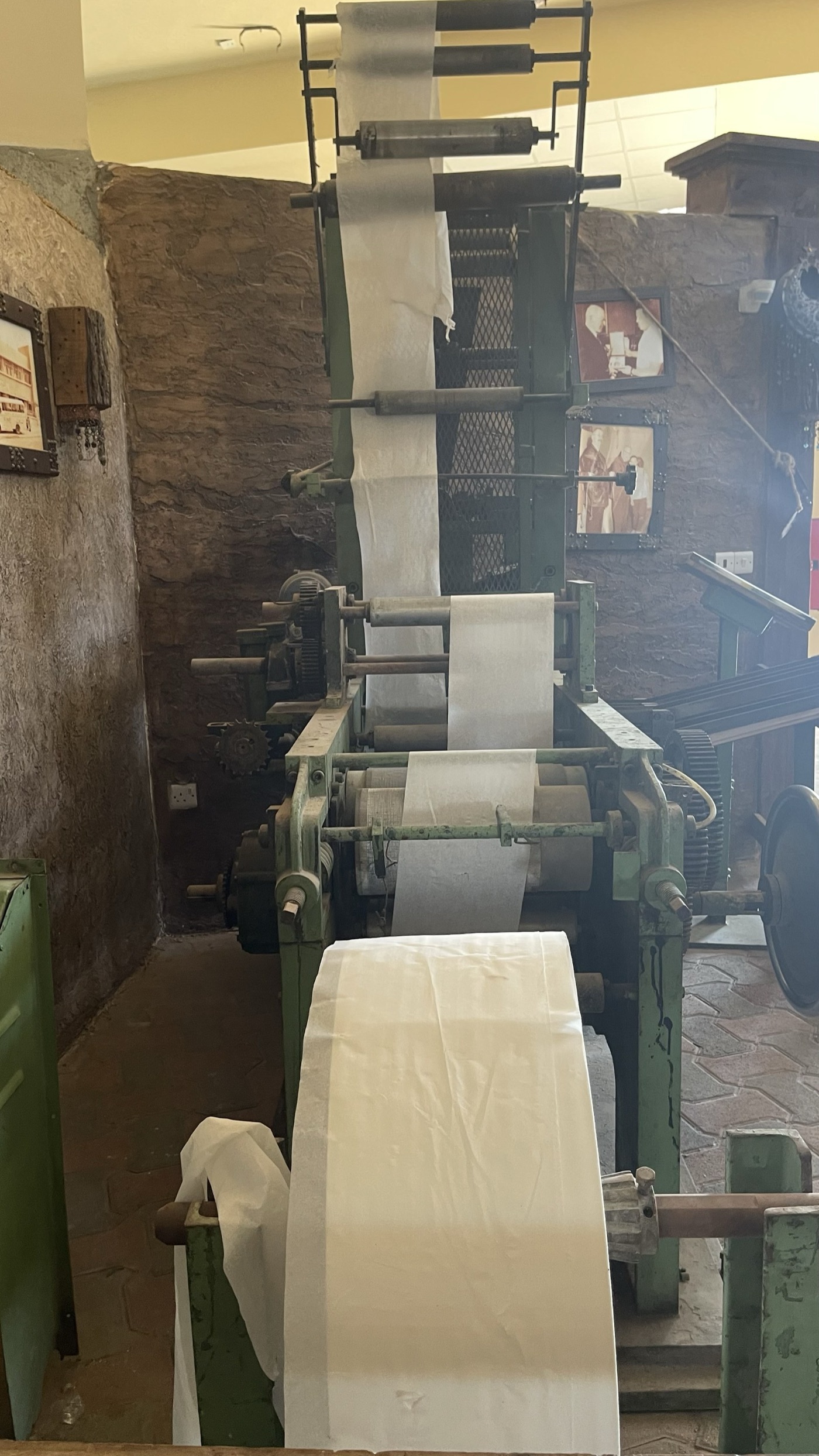 A reel on a paper machine. The sheet arrived here as a slurry that was 99 percent water.