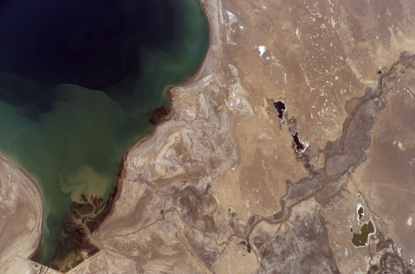 The Kok Aral dyke from the air, holding the northern basin's water on the north side.