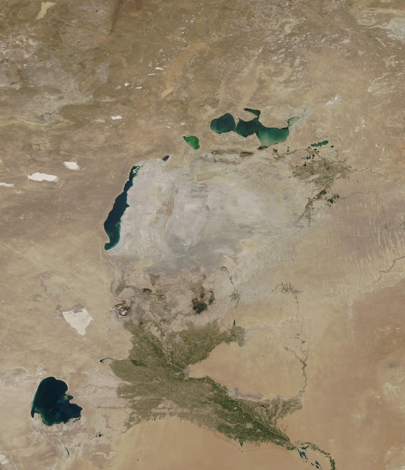 The Aral Sea from orbit. The outline of the 1960 shore is still visible around what is left.
