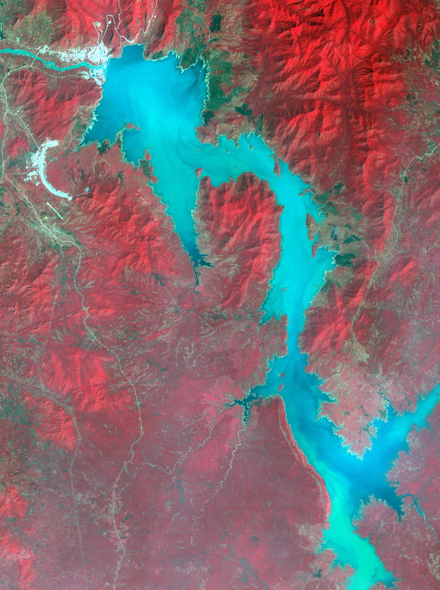 The reservoir behind the Grand Ethiopian Renaissance Dam from orbit, holding more than a year of the Blue Nile.