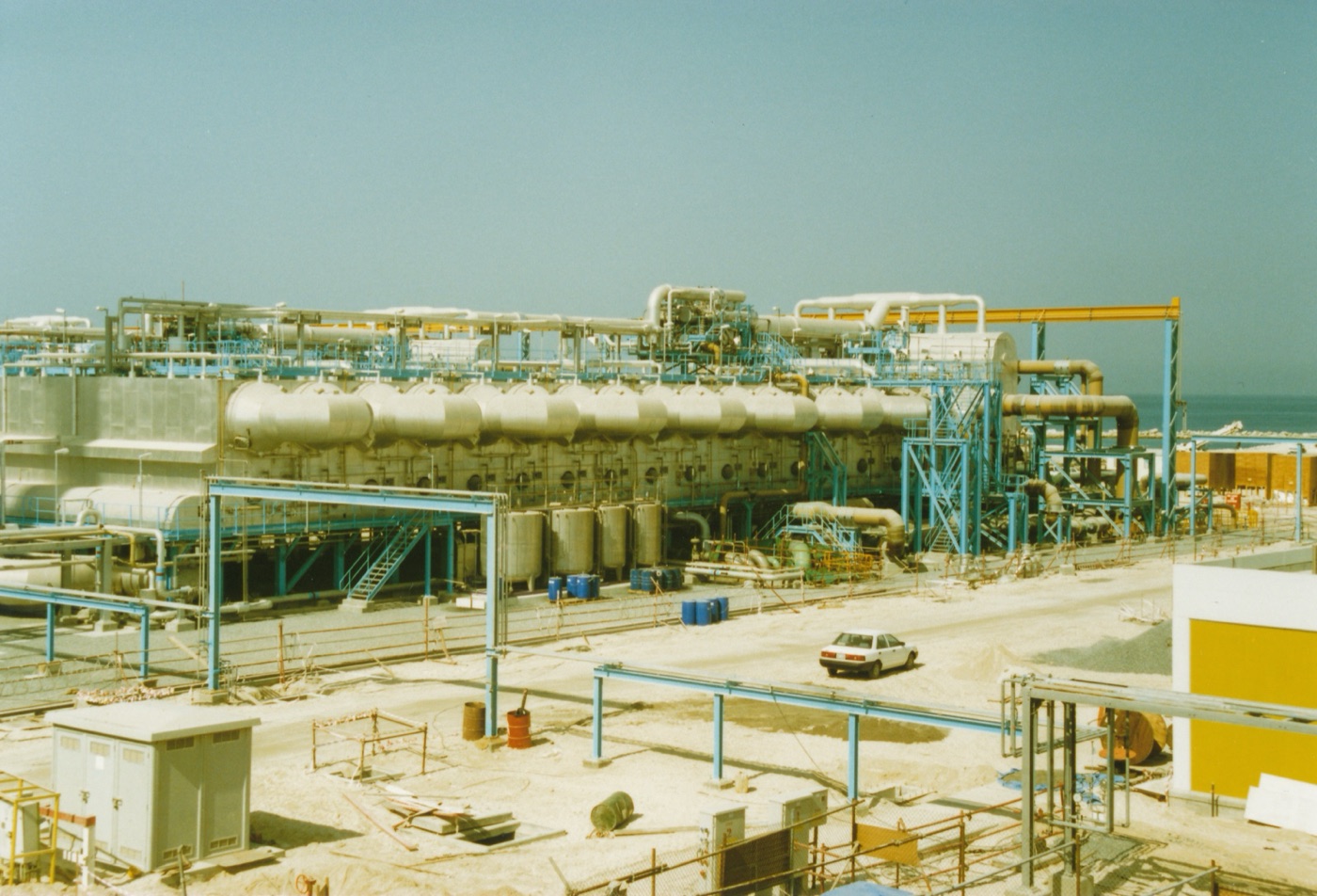 The multi stage flash plant at Jebel Ali. Seawater boiled with the waste heat of the turbines that light the city.