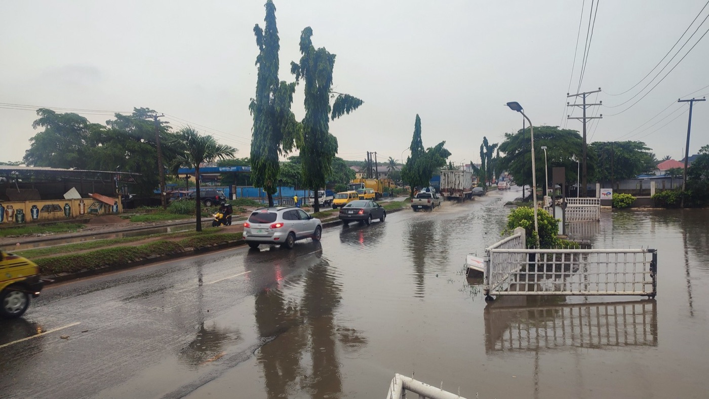 A flooded road in Lagos. The city has too much water on the surface and too little in the pipe.