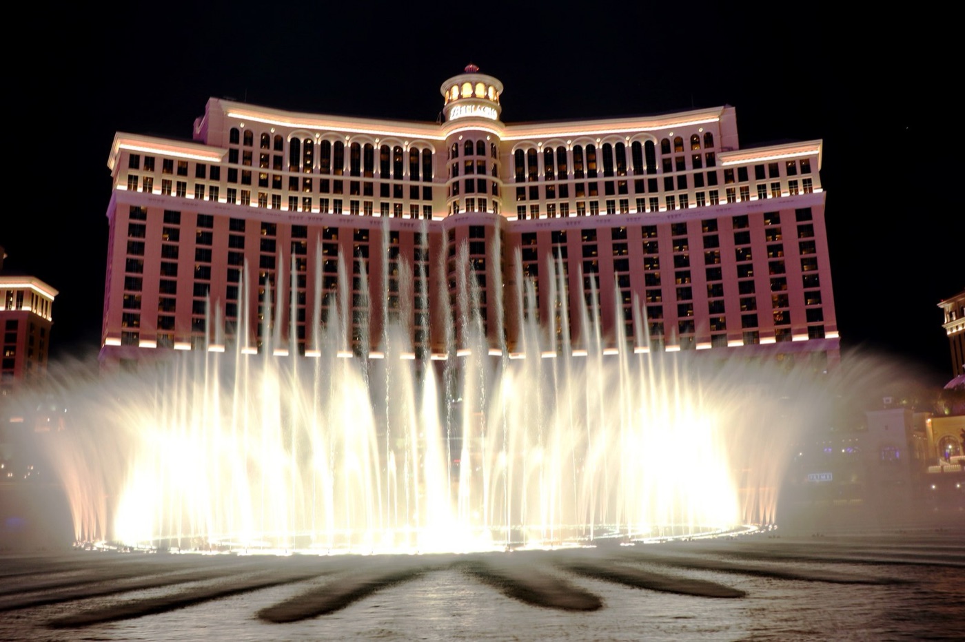 The Bellagio fountains. The lake they rise from is fed by a well under the hotel, and what evaporates is a rounding error in the valley's water.