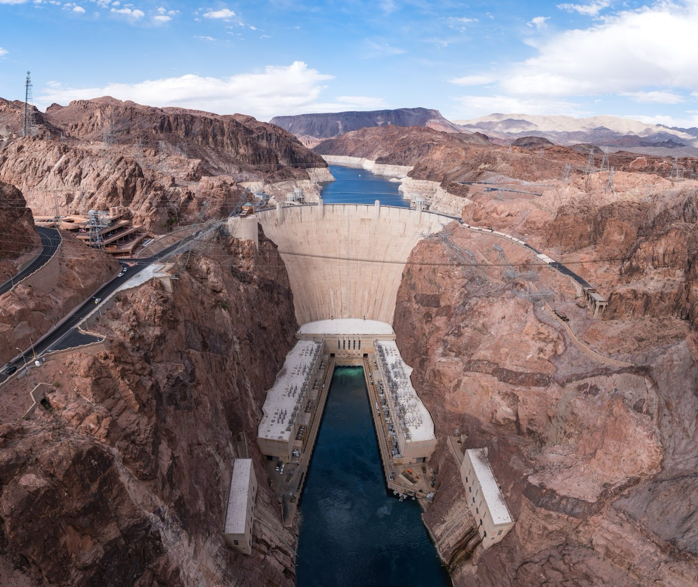 The Hoover Dam and Lake Mead. The pale band on the rock is where the water used to be.