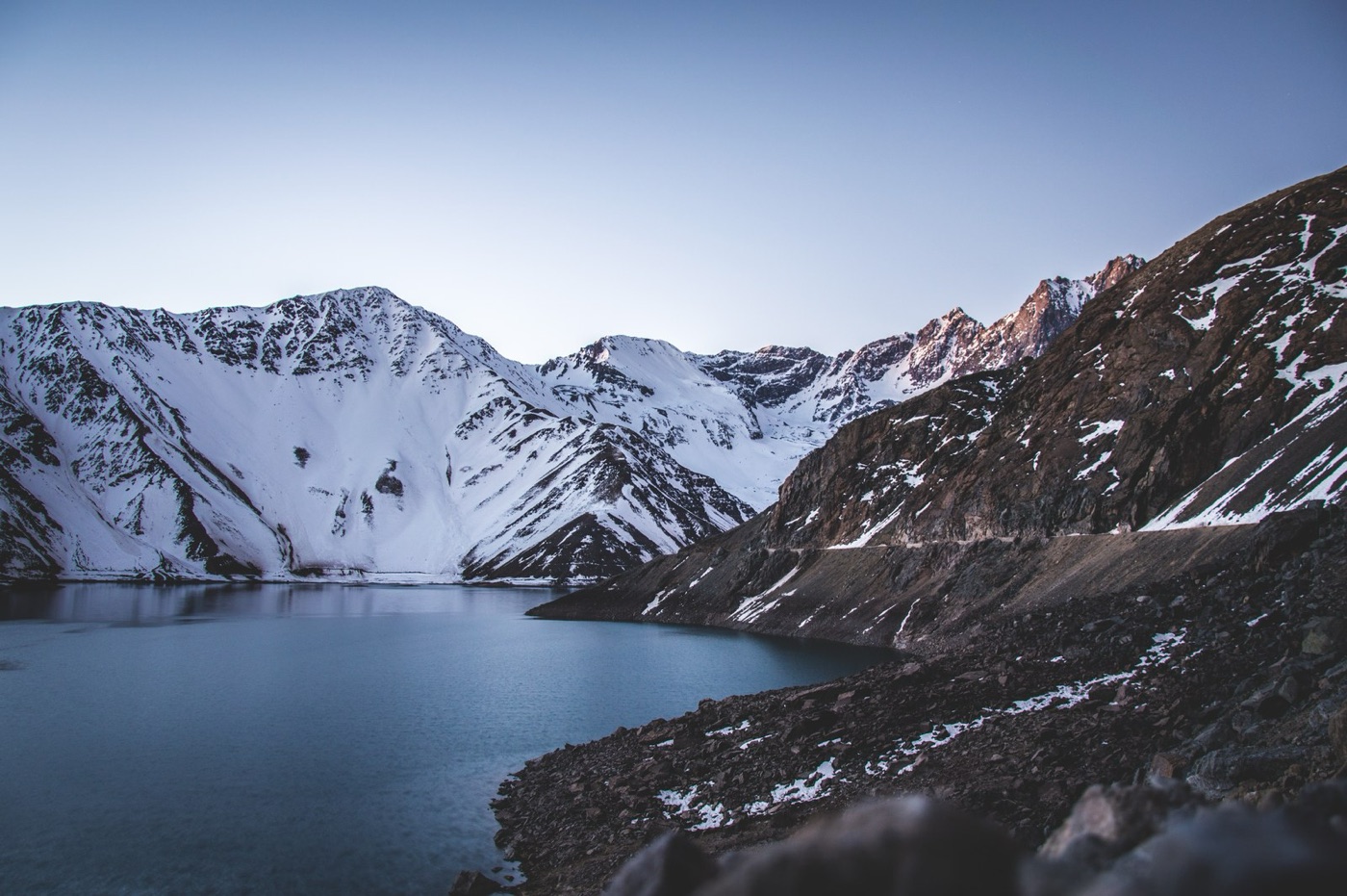 El Yeso, the reservoir at 2,500 metres in the Andes that holds the city's reserve, fed by a snowpack that is shrinking.