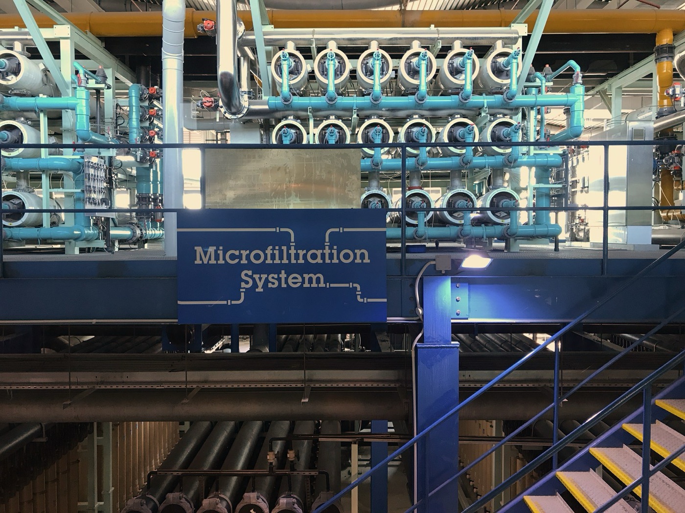 The microfiltration stage at the Bedok NEWater factory, the first of the three membrane steps.