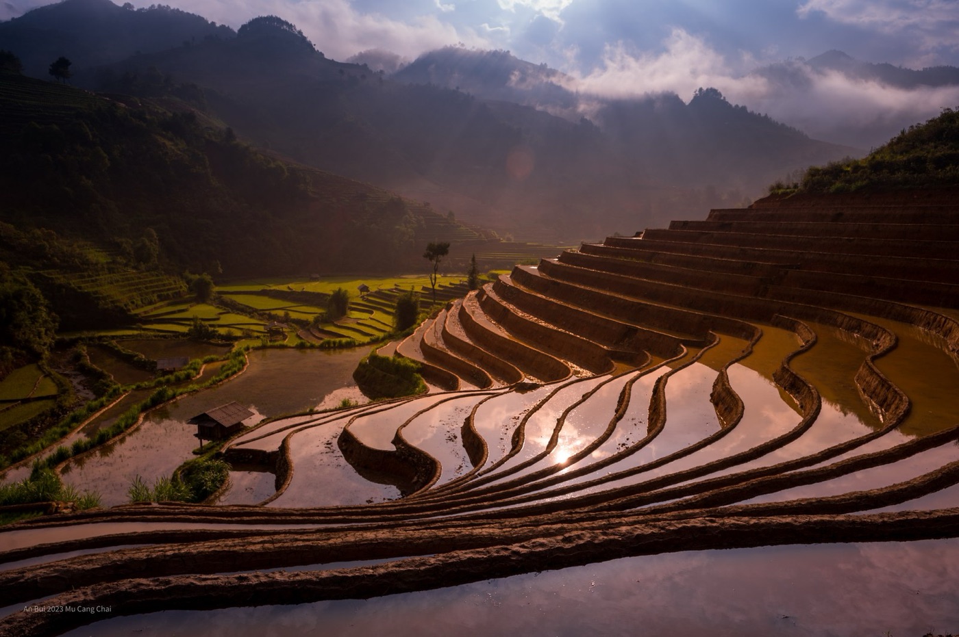 Terraces hold the water on the hillside. Each step is a shallow pond.